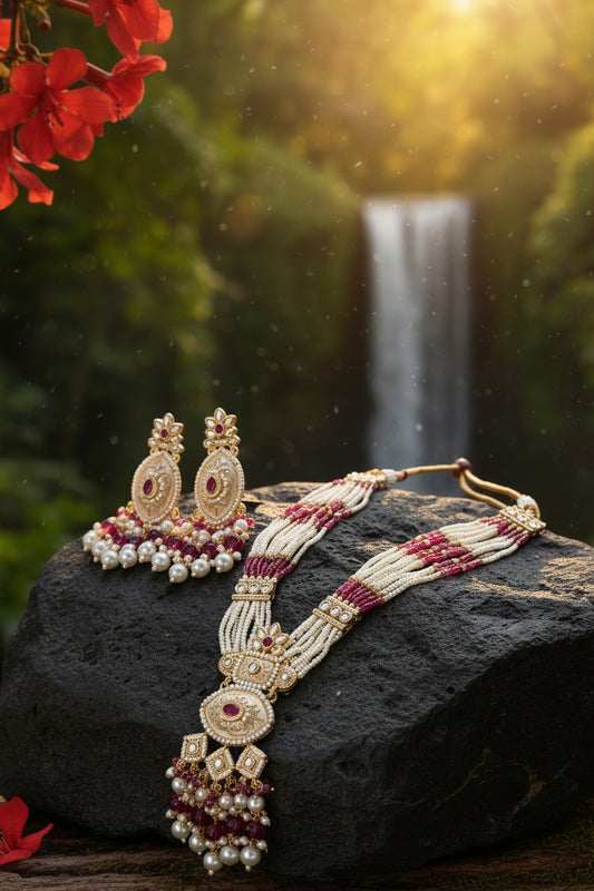 Moti Beaded Long Haar with Heavy Pendant & Jhumka Earrings