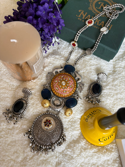 Oxidised Blue long Necklace Set