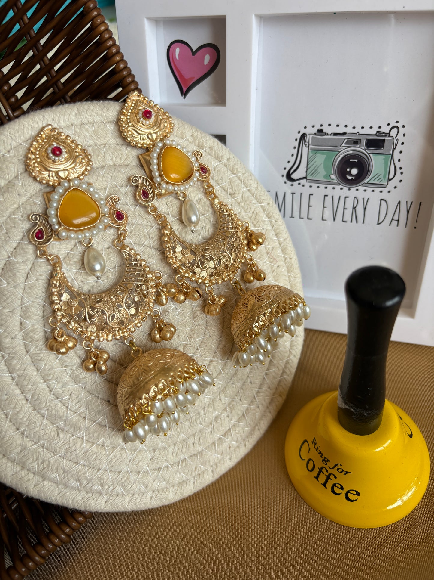 Yellow Statement Brass Jhumkis