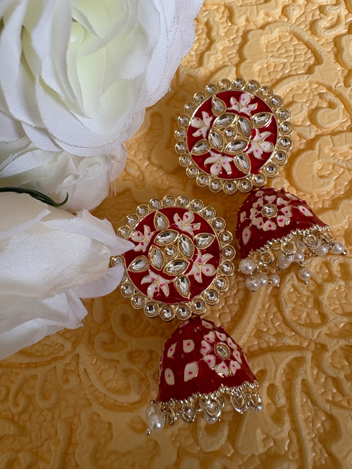 Red Colour Kundan Meenakari Earrings