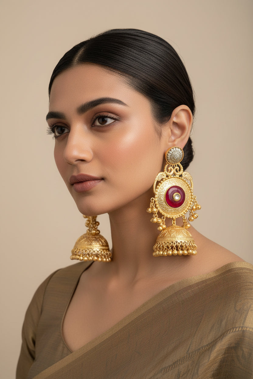 Red Statement Brass Jhumkis