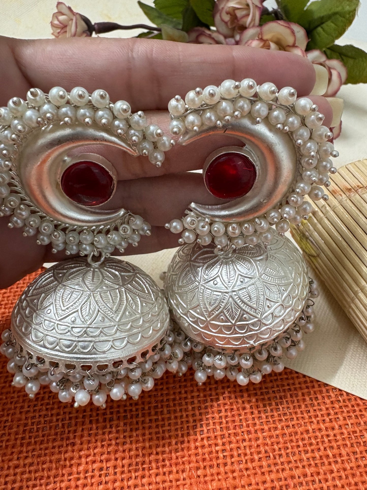 Silver Replica Red Kundan Brass Jhumkis