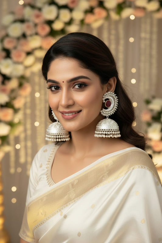 Silver Replica Red Kundan Brass Jhumkis