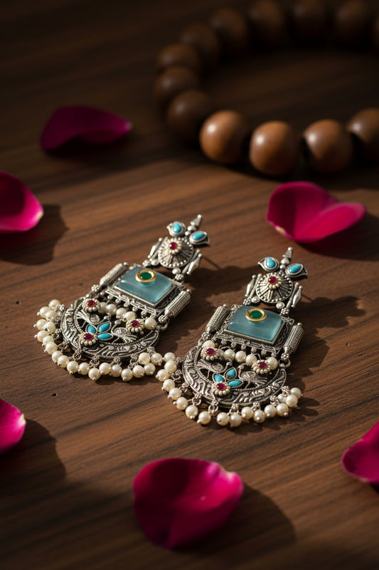 Light Blue Silver Replica Chandbali Earrings