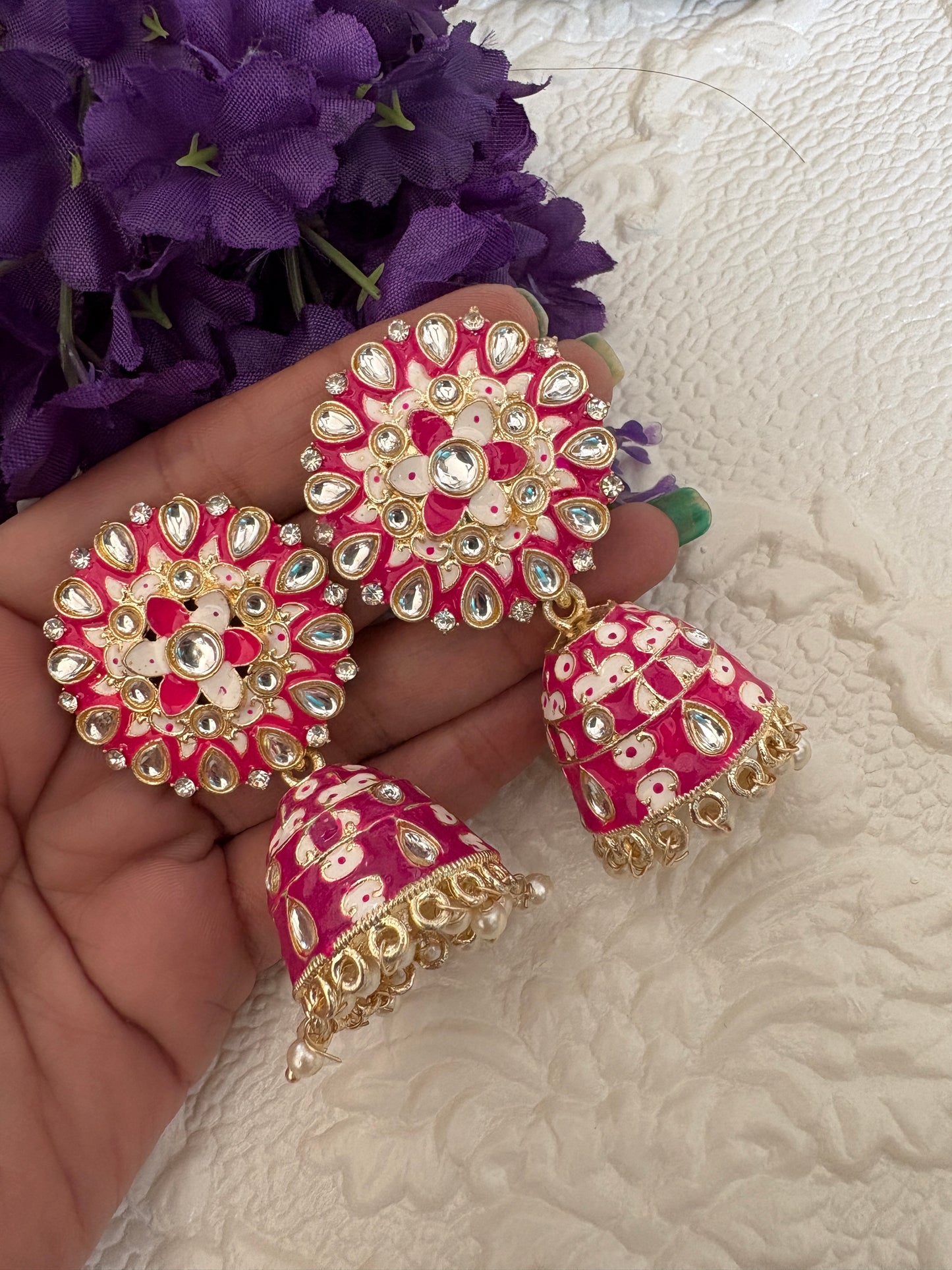 Rani Pink Kundan Meenakari Jhumki Earrings