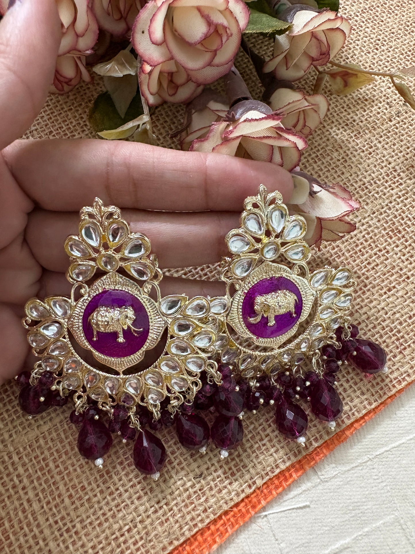 Rani Pink Colour Kundan Earrings