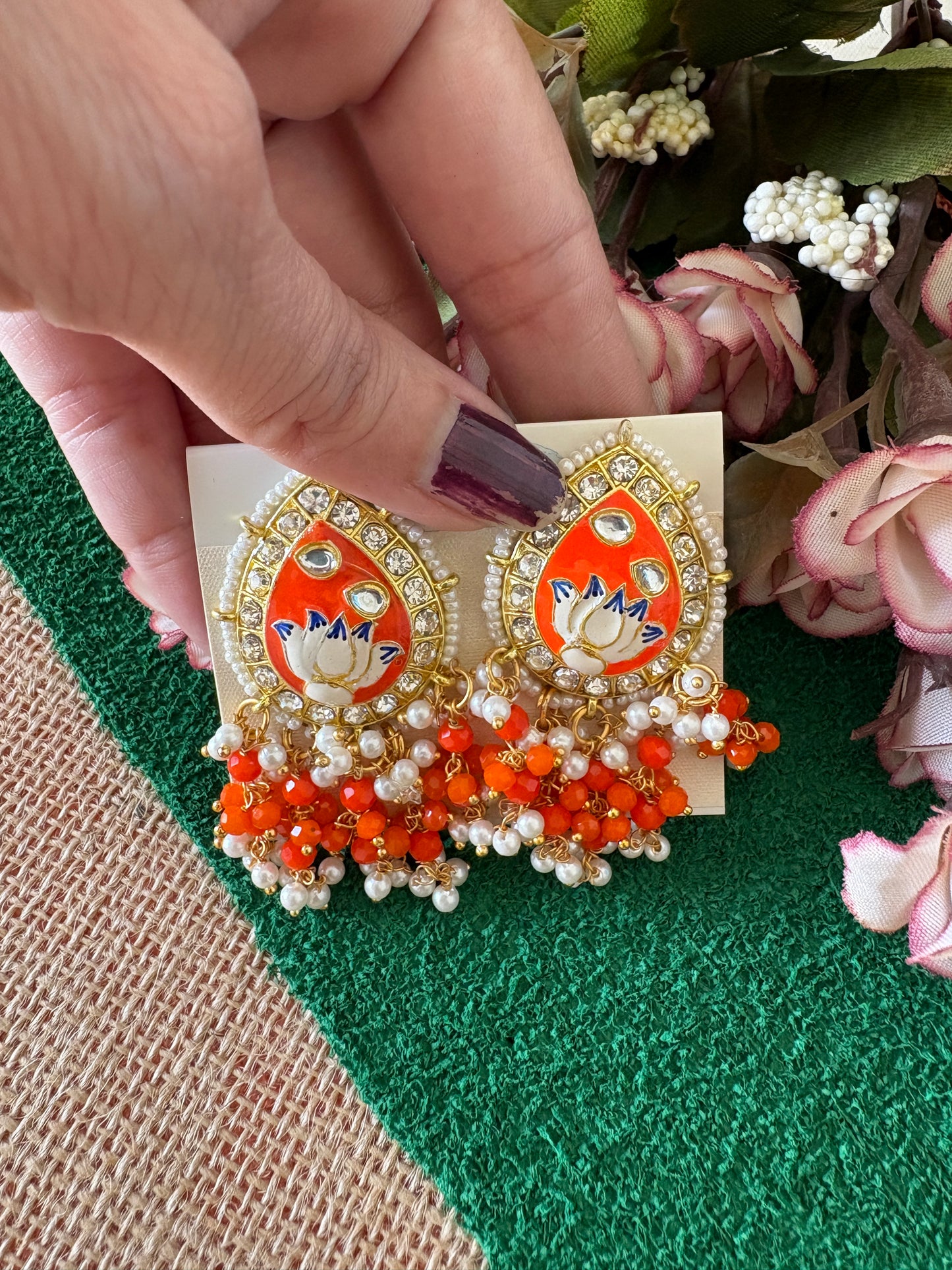 Orange Colour Brass Kundan Earrings