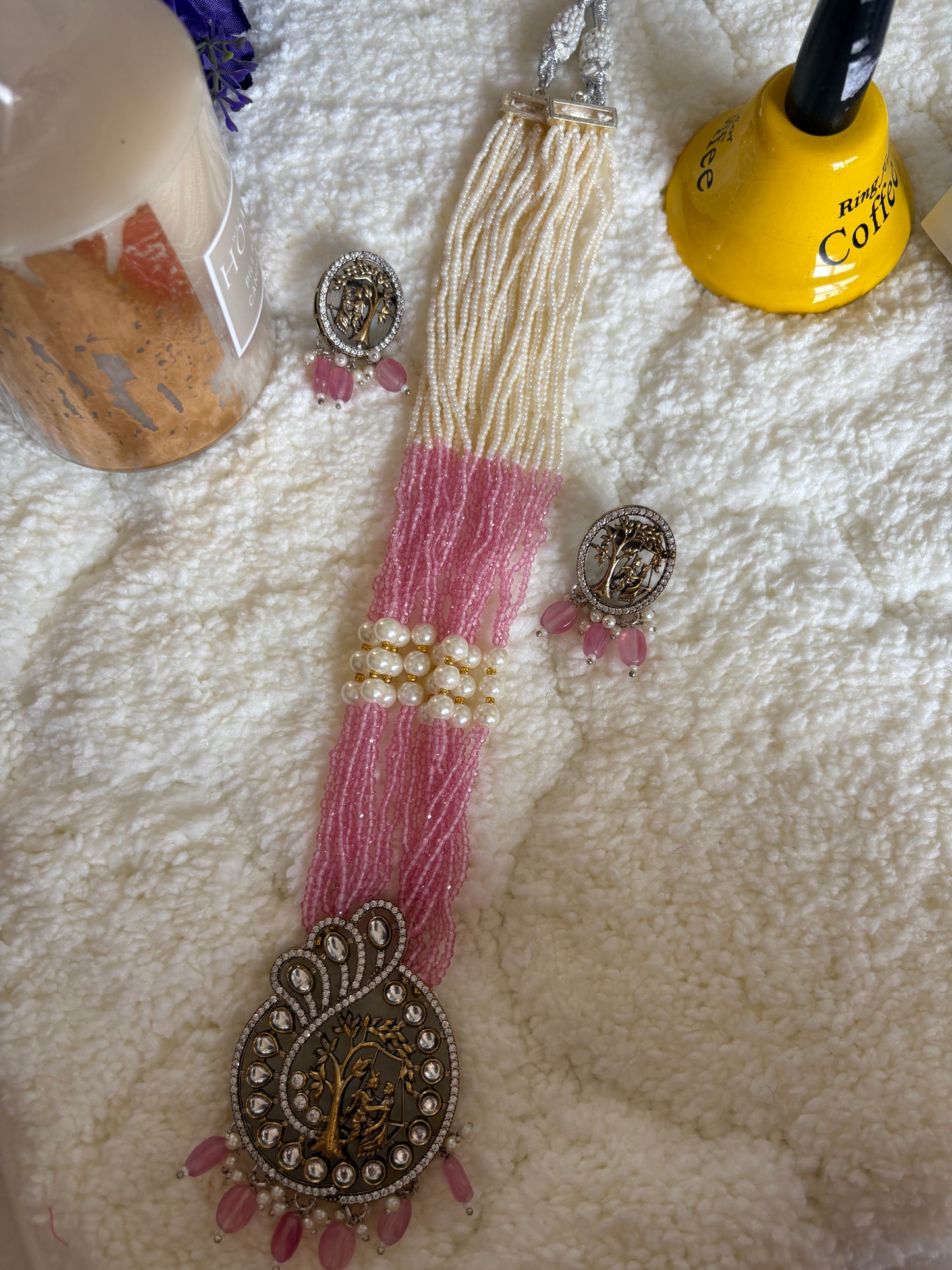 Pink Kundan Pearl Bridal Necklace Set