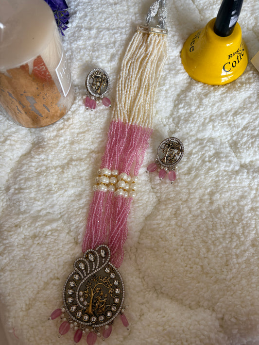 Pink Kundan Pearl Bridal Necklace Set