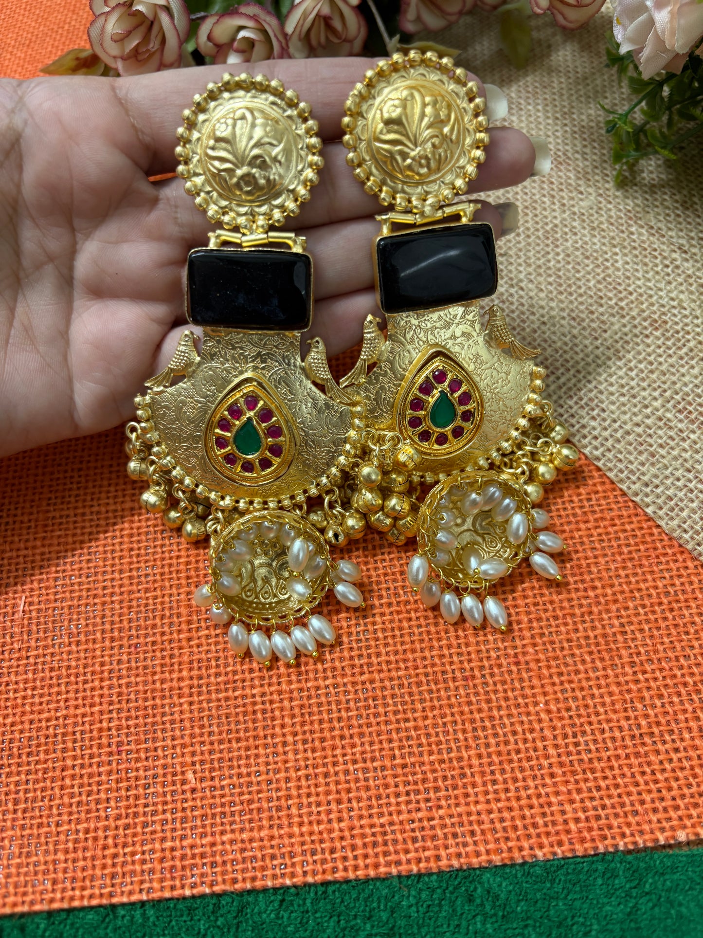 Black Colour Long Chandbali Brass Earrings
