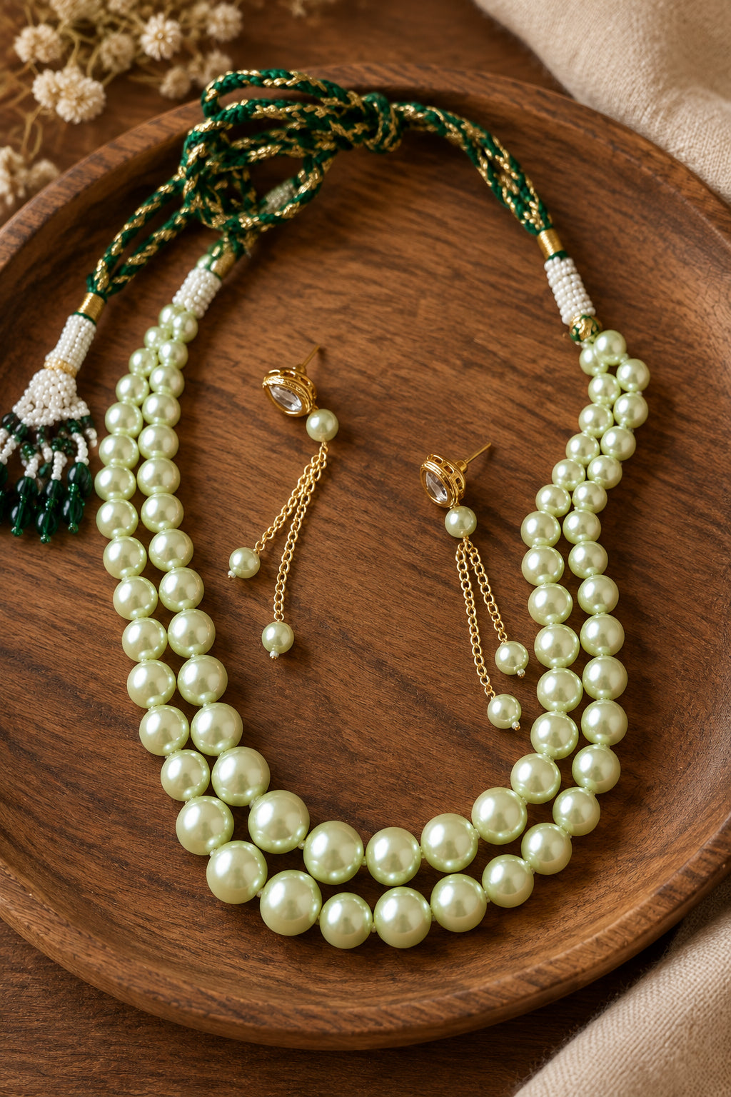 Pista Double Layer Pearl Necklace Set with Kundan Tassel Earrings & Green Dori