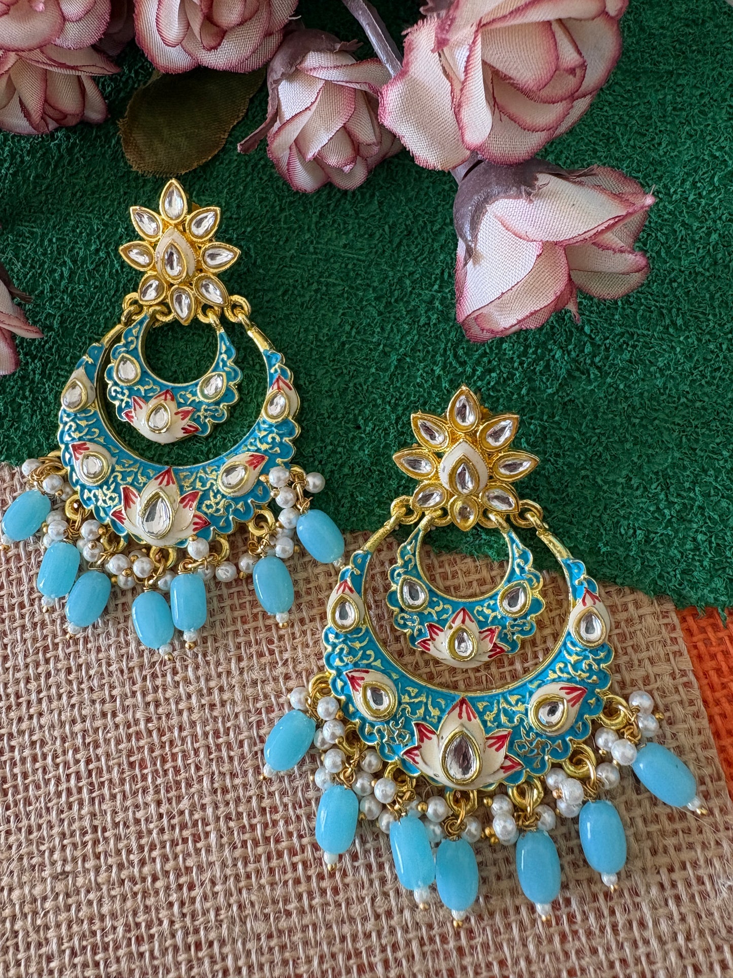 Light Blue Meenakari Brass Chandbalis