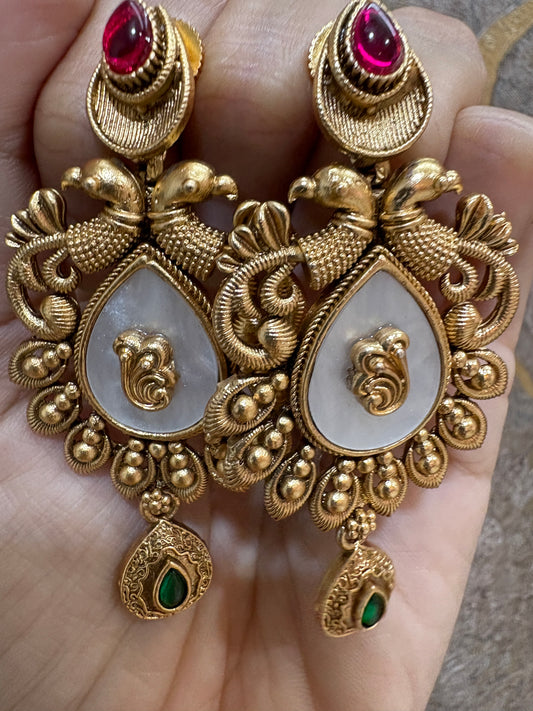 Premium Pink and Green Kundan Antique Earrings