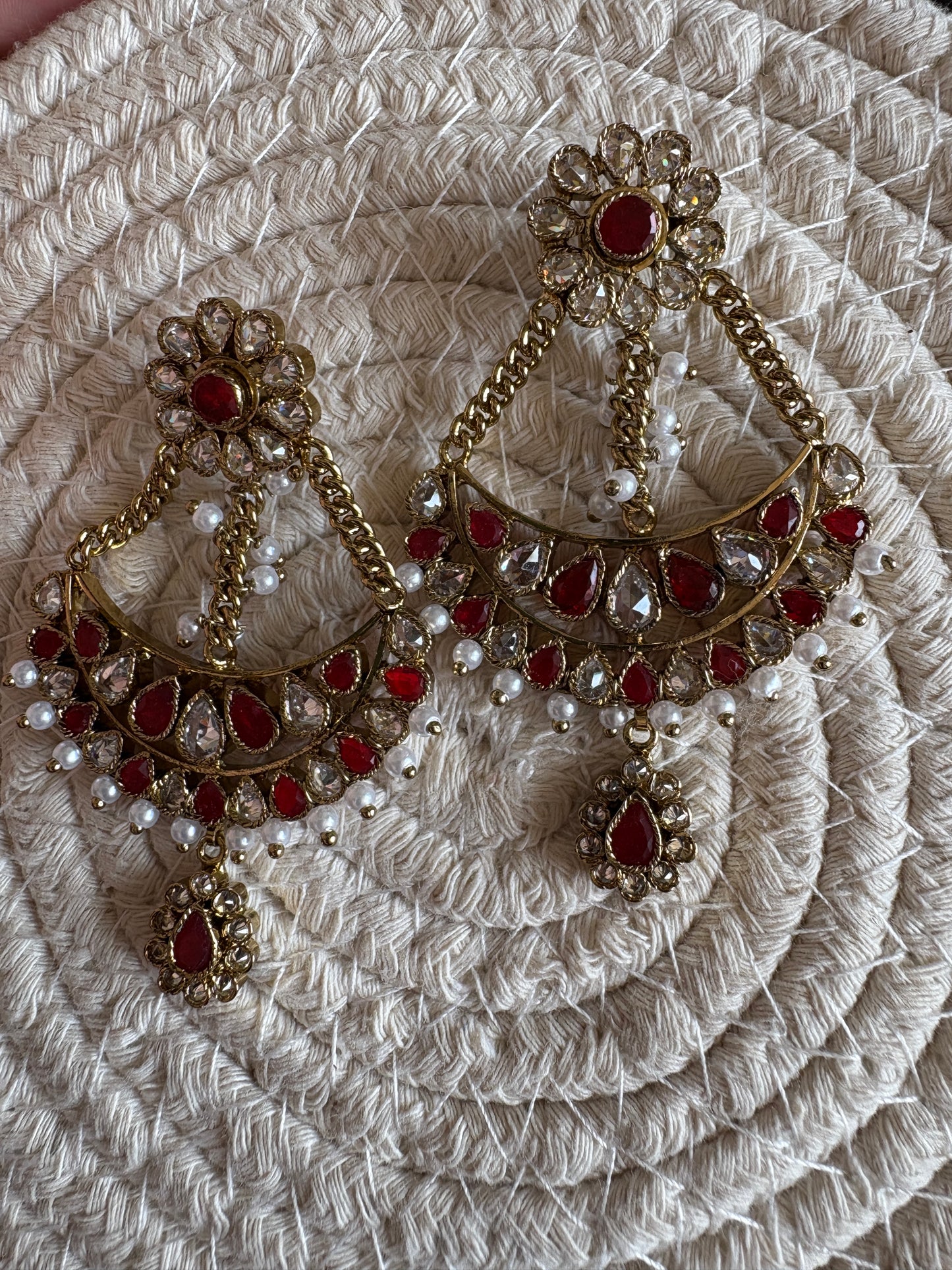 Premium Red Kundan Antique Earrings
