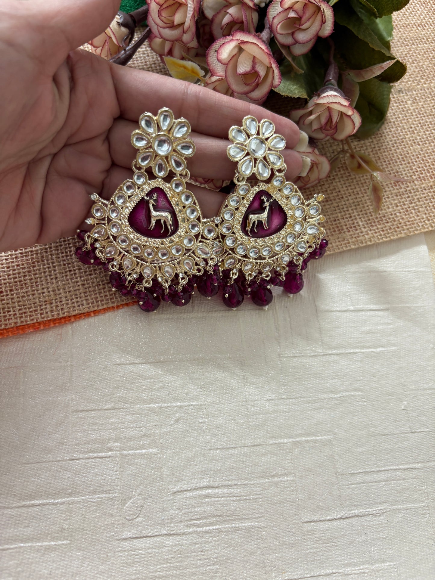 Dark Reddish Brown Kundan Earrings