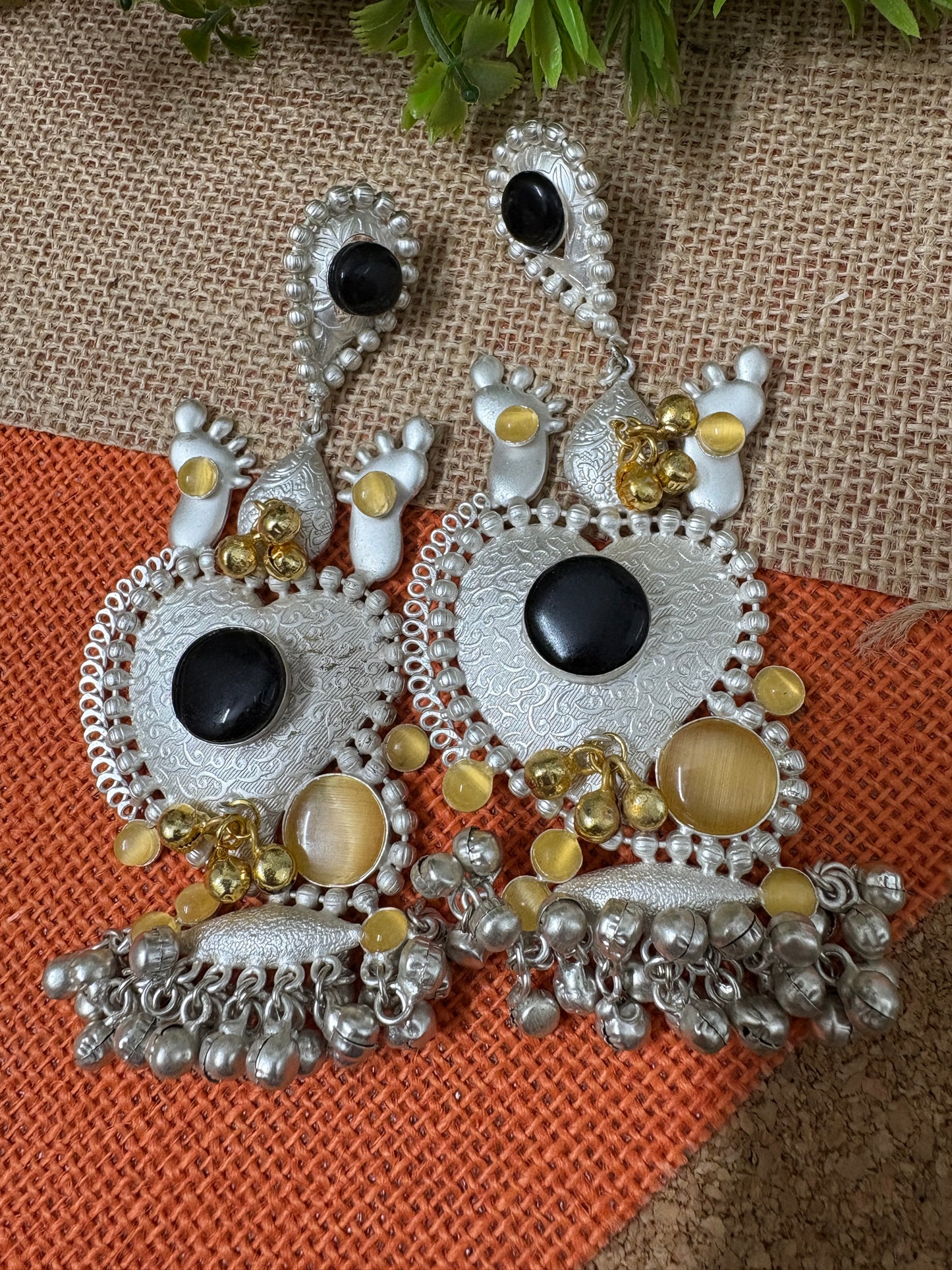 Silver Replica Black Kundan long Earrings