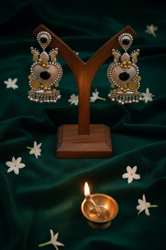 Silver Replica Black Kundan long Earrings