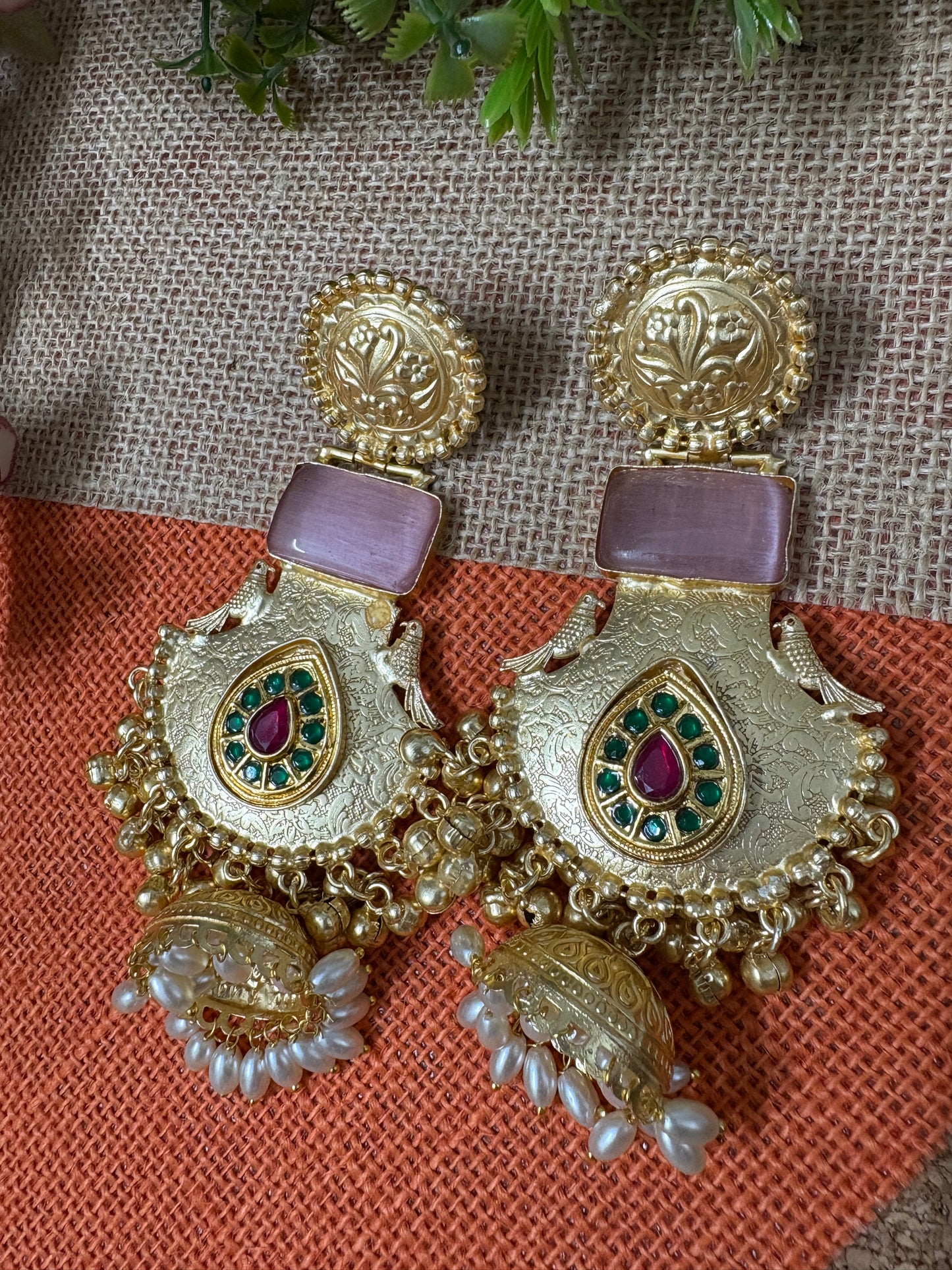 Peach Colour Long Chandbali Brass Earrings