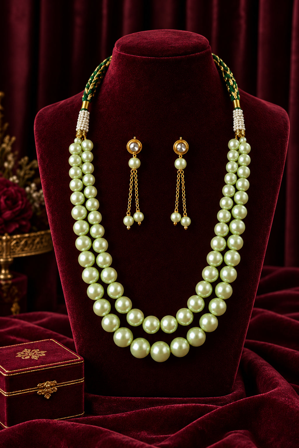 Pista Double Layer Pearl Necklace Set with Kundan Tassel Earrings & Green Dori