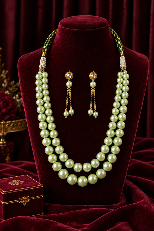 Pista Double Layer Pearl Necklace Set with Kundan Tassel Earrings & Green Dori