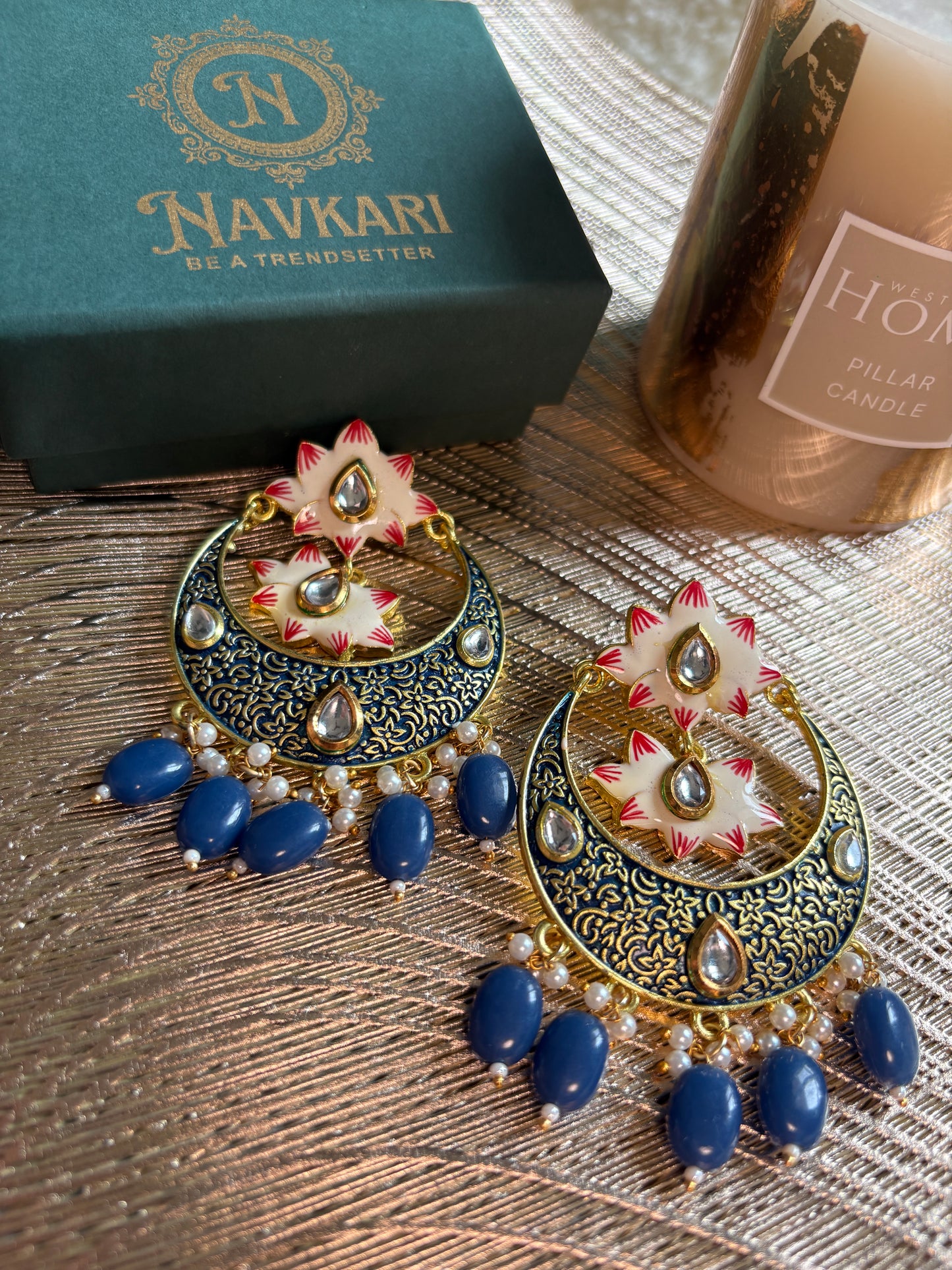 Blue Meenakari Brass Chandbalis