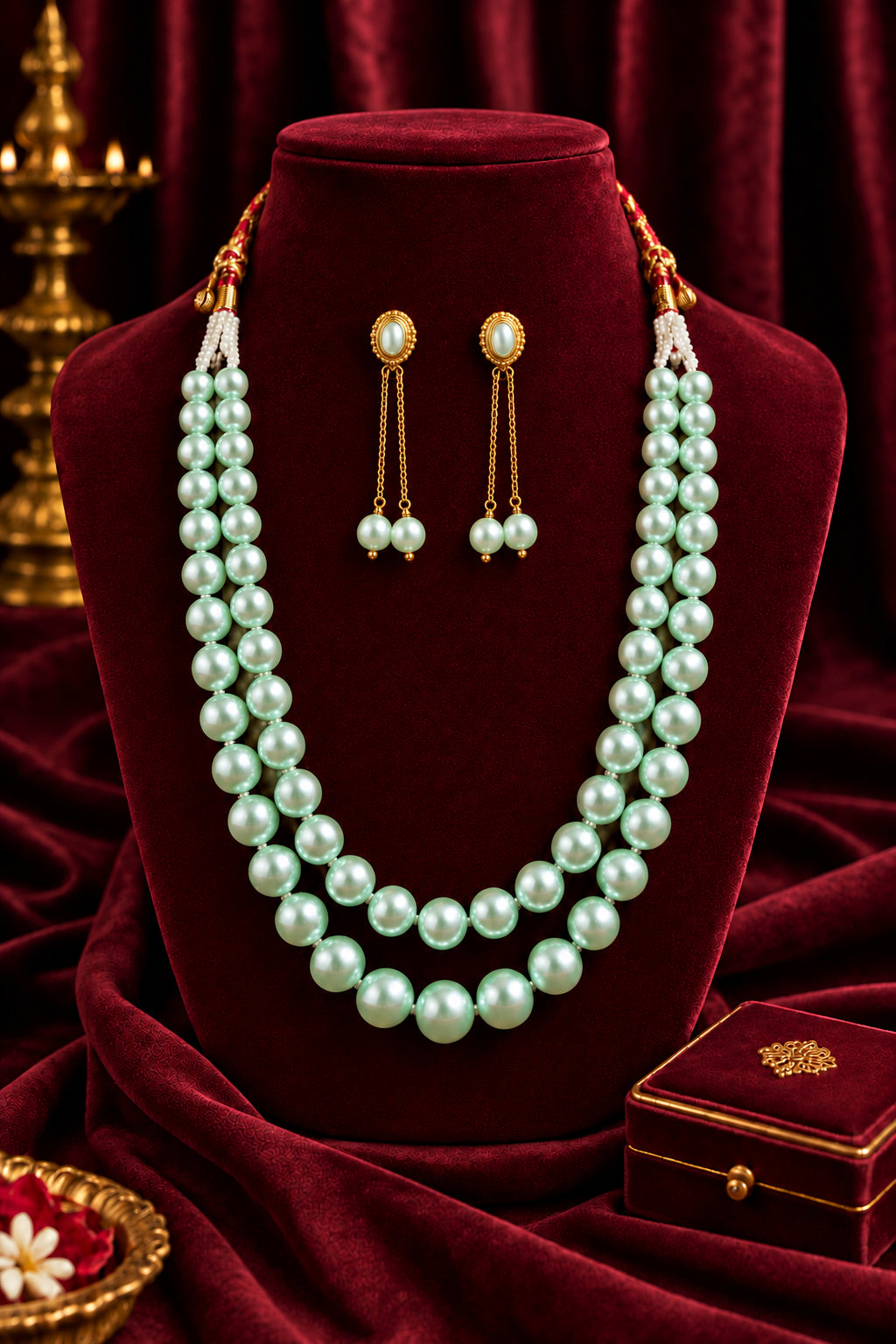 Ice Blue Double Layer Pearl Necklace Set with Gold Chain Drop Earrings
