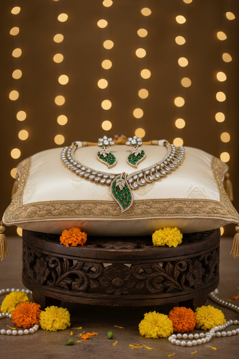 Antique Gold Leaf Motif Polki Choker Set with Earrings