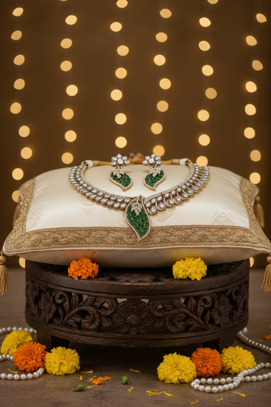 Antique Gold Leaf Motif Polki Choker Set with Earrings