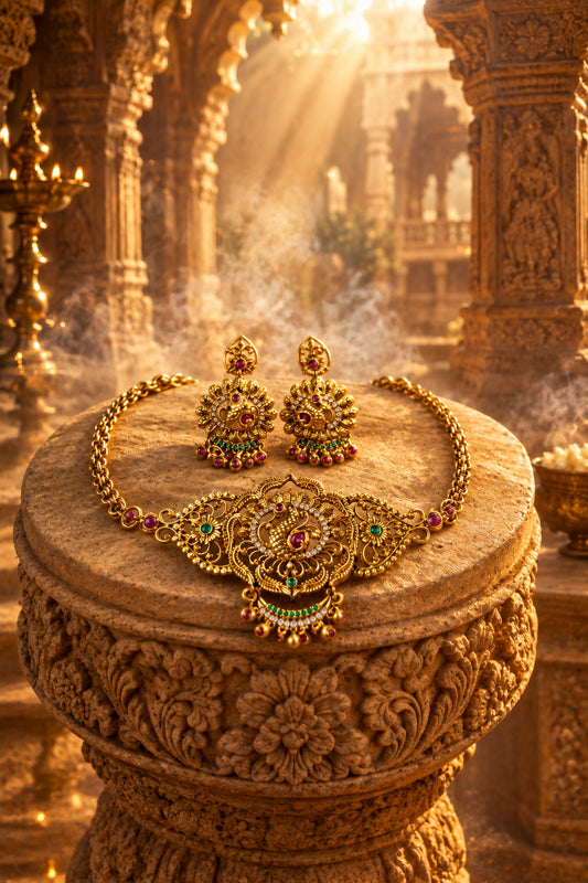 Antique Gold Choker Necklace Set - Peacock Temple