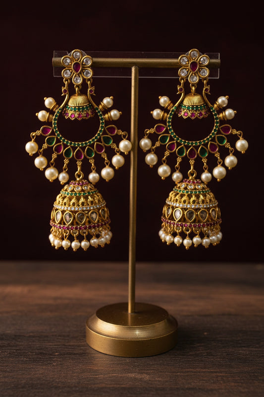 Antique Gold Temple Chandbali Jhumka Earrings