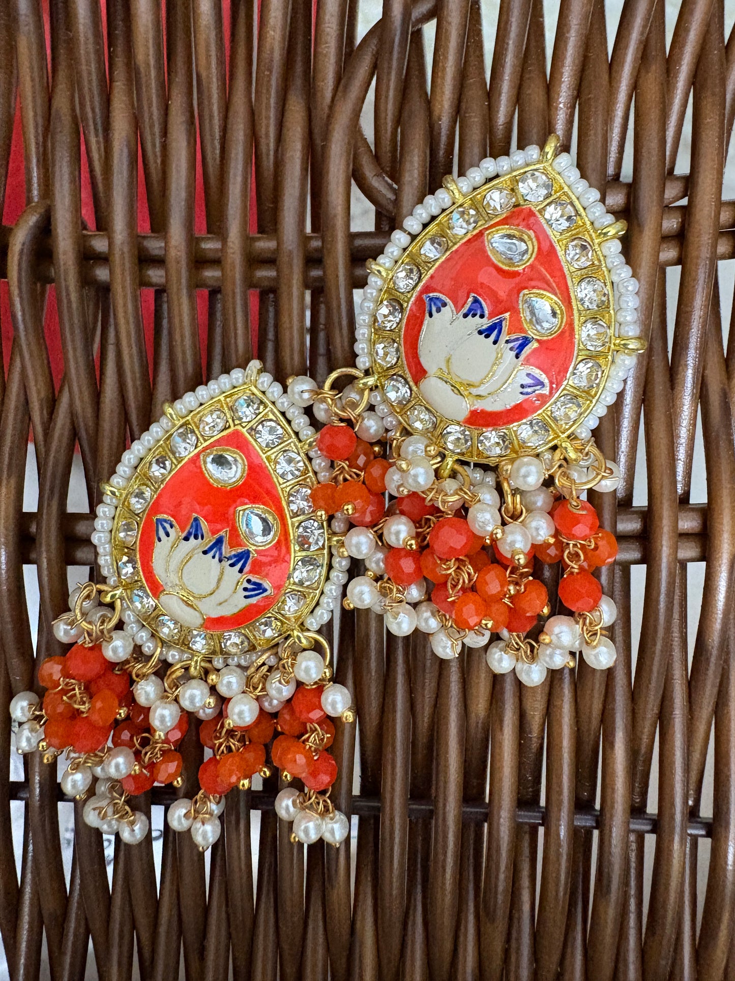Orange Colour Brass Kundan Earrings