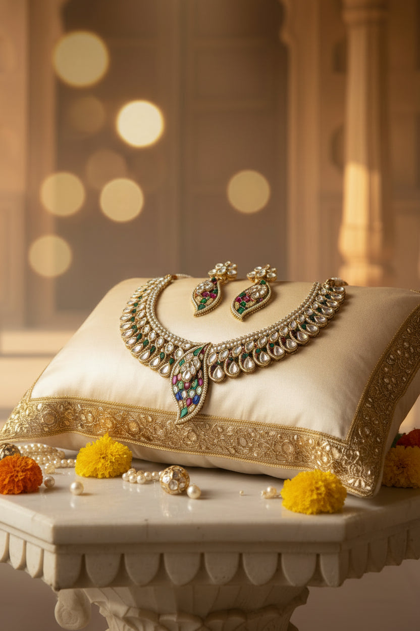 Antique Gold Leaf Motif Kundan Necklace & Earrings Set