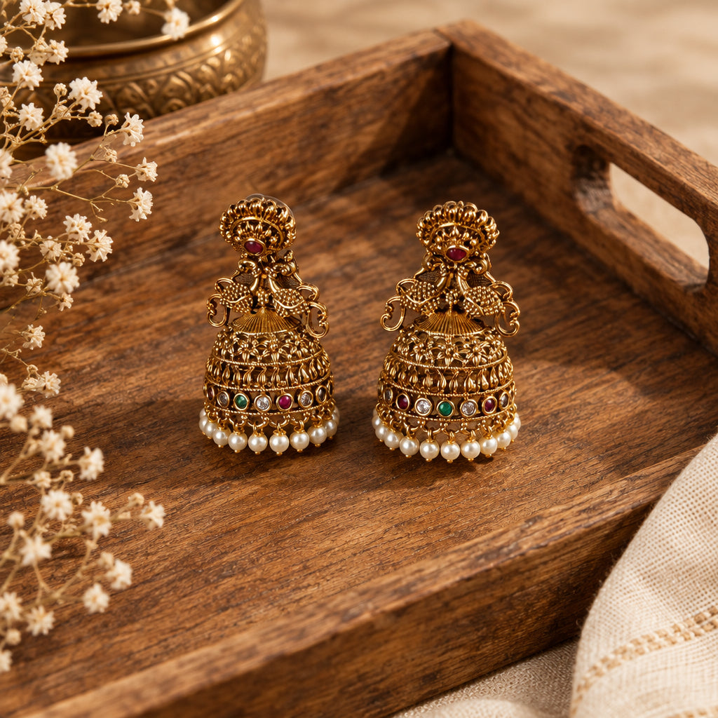 Antique Gold Peacock Jhumka Earrings - Temple