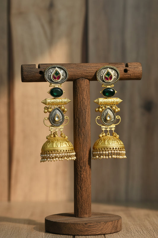 Meenakari Kundan Green Golden Replica Jhumkis