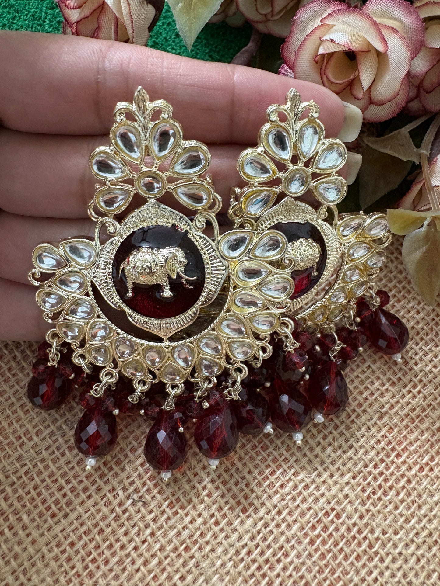 Dark Red Colour Kundan Earrings