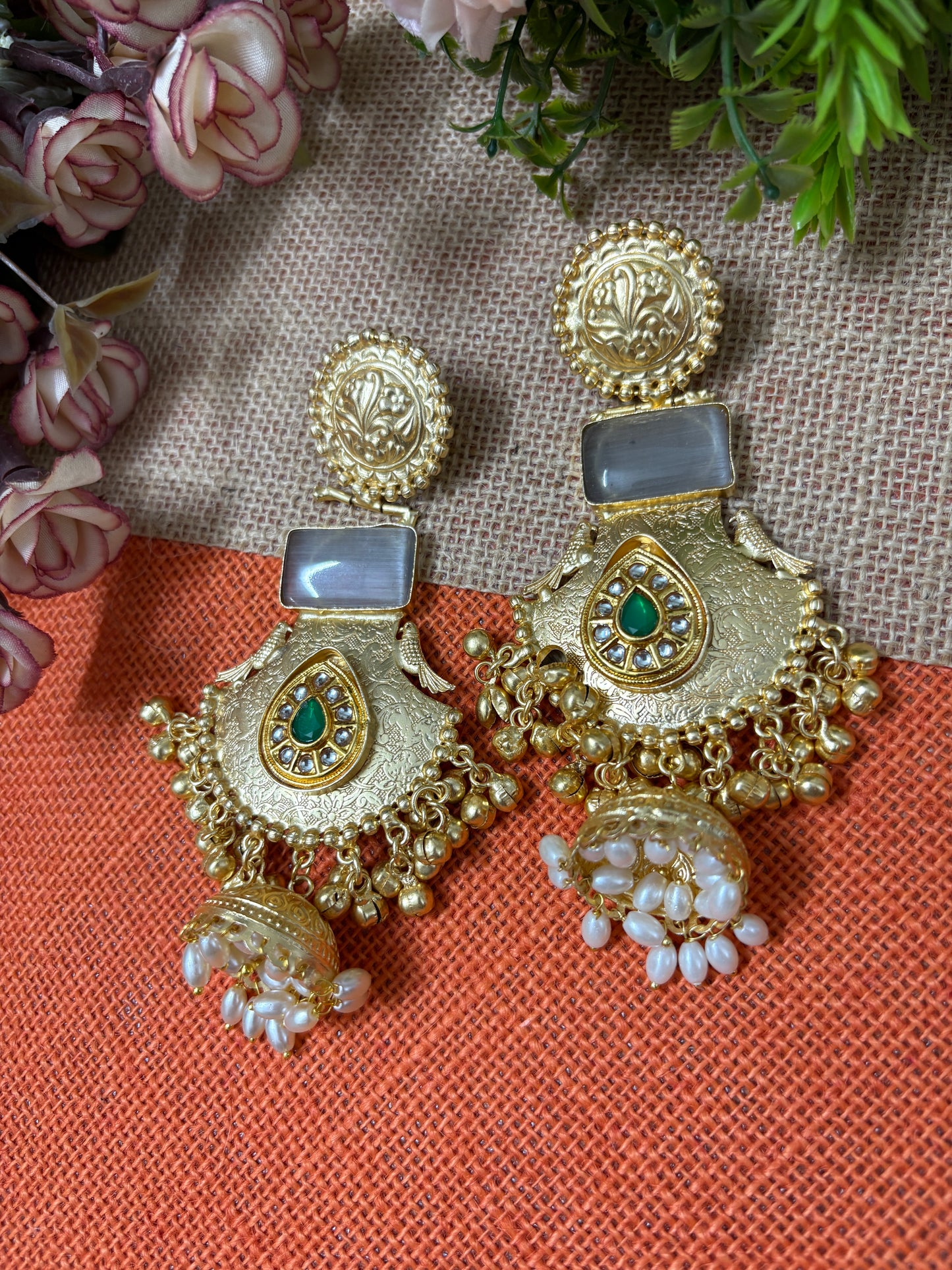 Long Meenakari Gray Brass Earrings
