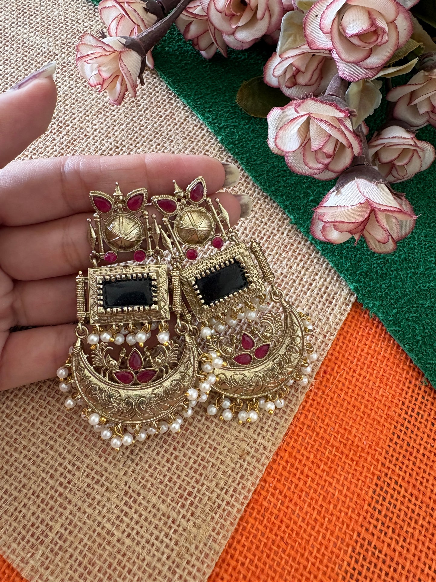 Black Brass Chandbali Earrings