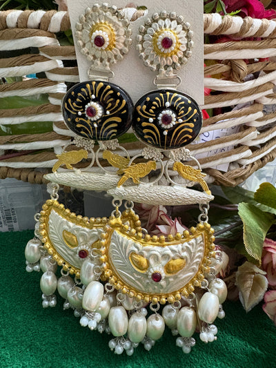 Silver Replica Meenakari long Chandbalis