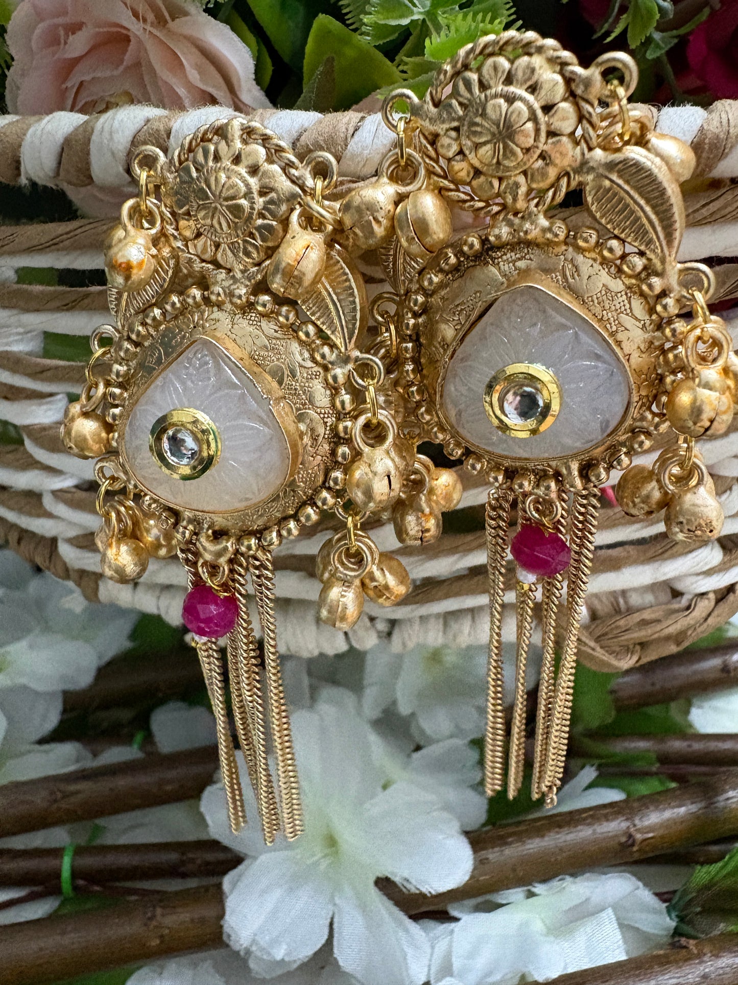 White Colour Kundan Brass long chain Earrings
