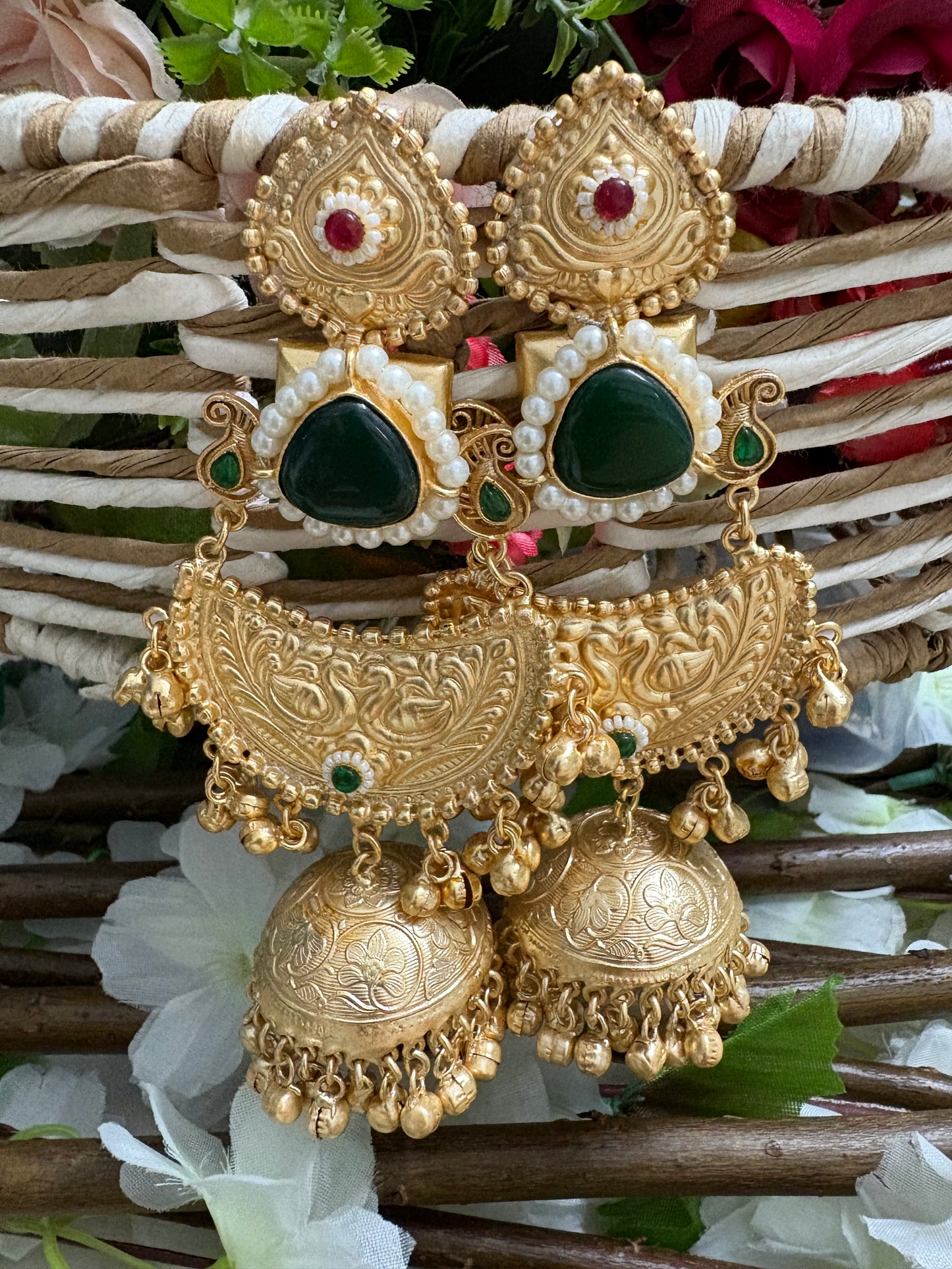 Golden Replica Green Brass Jhumkis