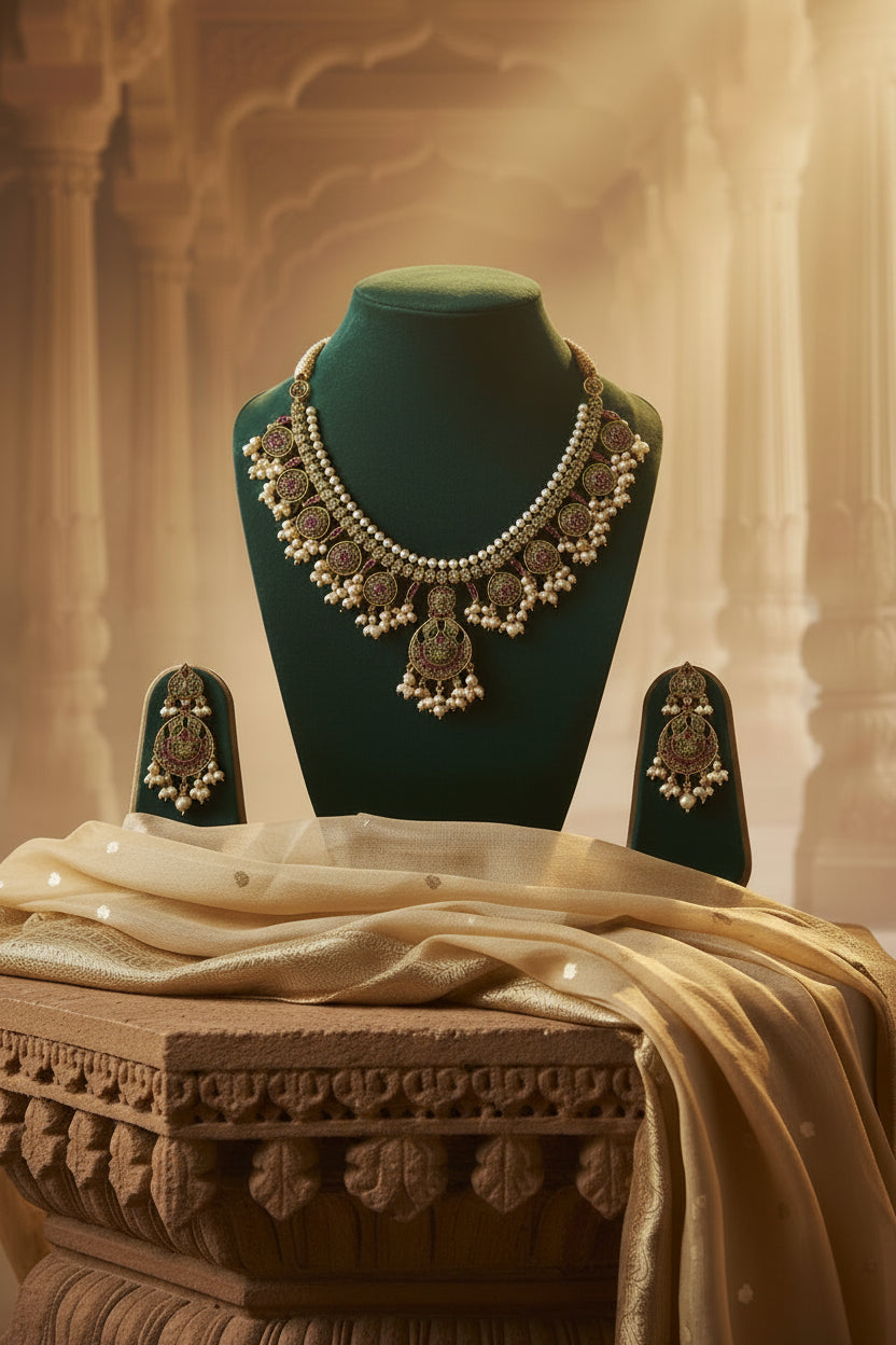 Antique Gold Plated Kemp Pearl Choker Necklace Set