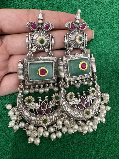 Silver Replica Green Brass Chandbali Earrings