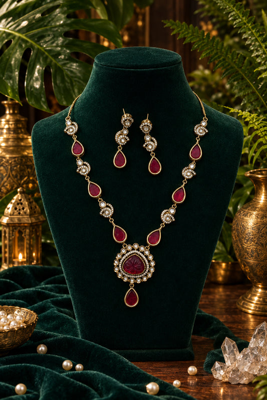 Ruby Red Victorian Long Necklace Set - AD Diamond Teardrop Haram