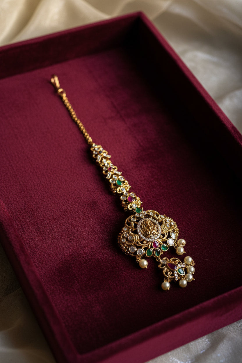 Antique Peacock Lakshmi Long Haram Set with Maang Tikka