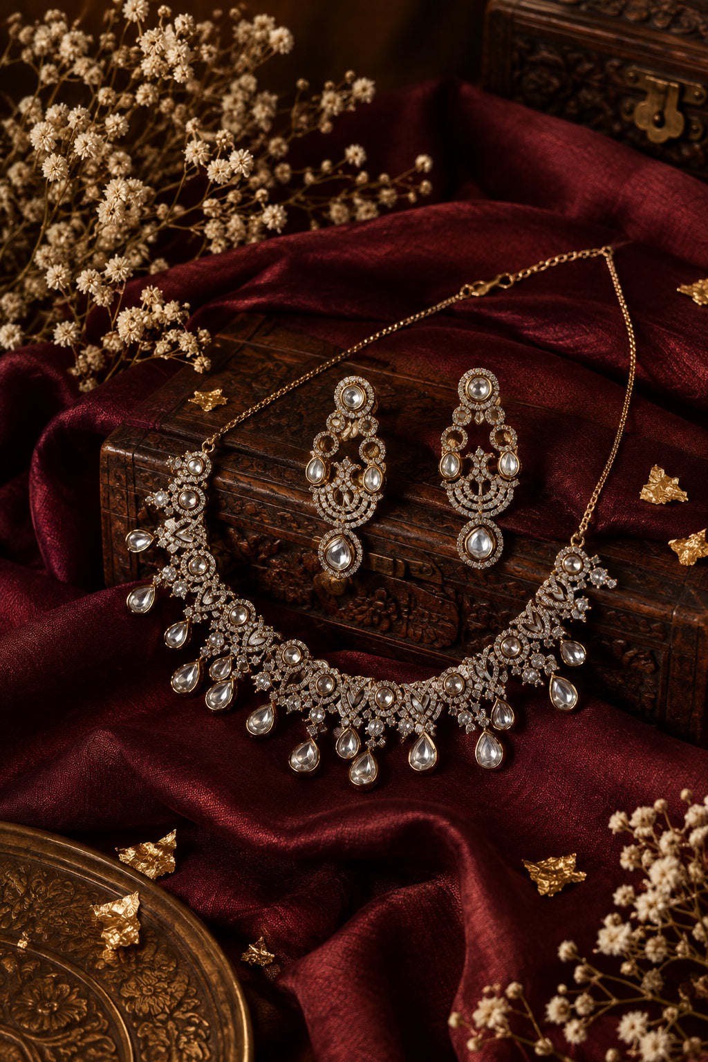 Victorian White Polki Teardrop Choker Set with Earrings