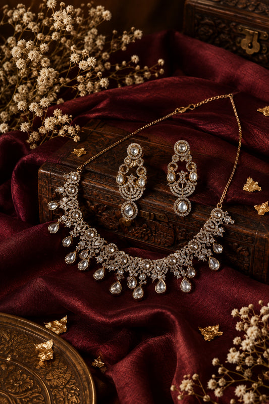 Victorian White Polki Teardrop Choker Set with Earrings