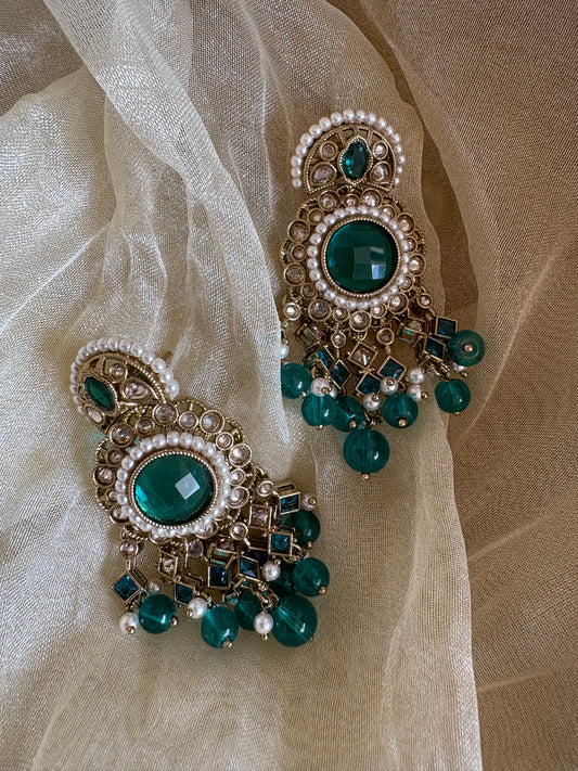 Peacock Green Kundan Antique Earrings