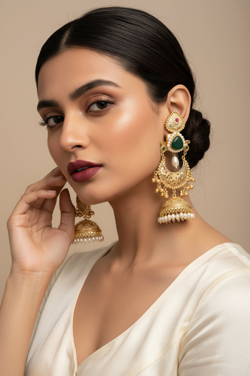 Green Statement Brass Jhumkis