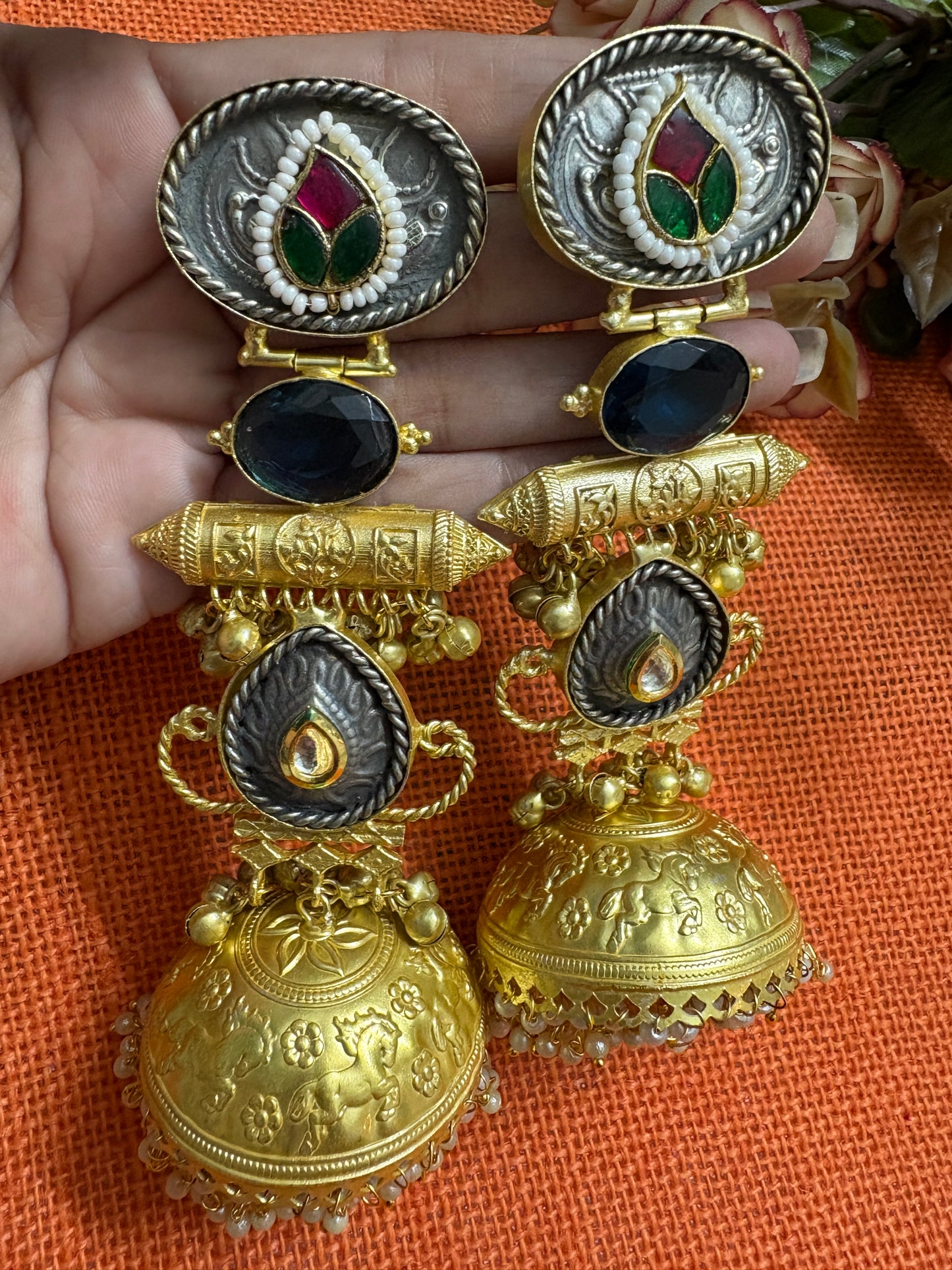 Meenakari Golden Replica Gray Brass Jhumkis