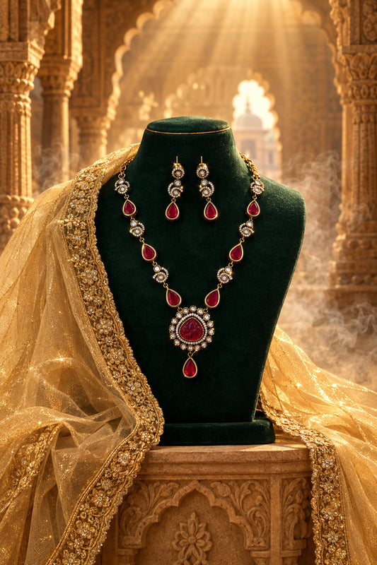Ruby Red Victorian Long Necklace Set - Oxidized Silver AD Diamond